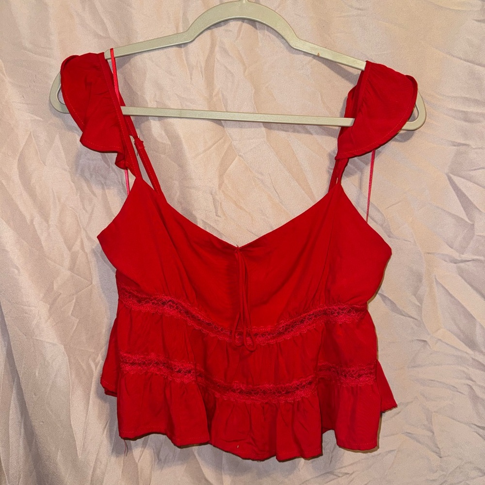 La Hearts Vibrant Red Ruffled Blouse